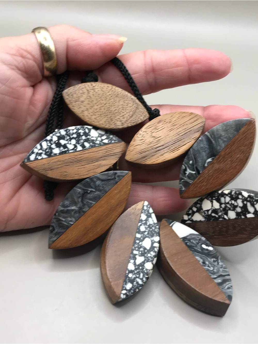 Black, White & Brown Geometric Wood & Resin Statement Necklace - Picture 7 of 7